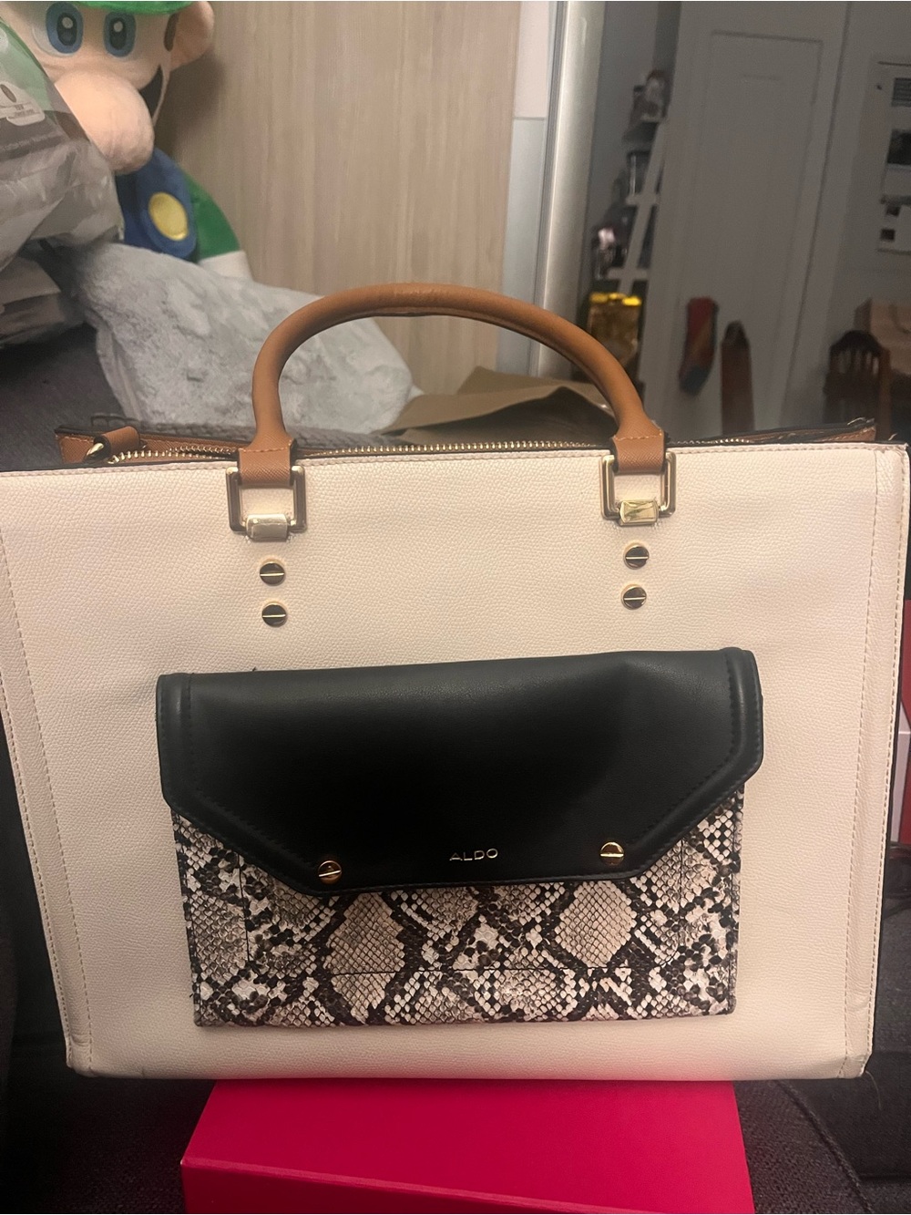 ALDO Colorblock Executive Tote Bag | Cream, Cognac & Black Faux Snakeskin Pocket - Picture 10 of 12